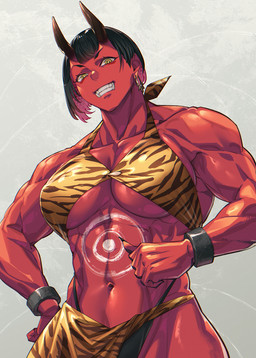abs biceps bikini black_hair bodypaint breasts clothing deltoids female grin hair horn muscular muscular_female navel not_furry pecs pecs_with_breasts red_body red_skin short_hair smile solo swimwear tusks two-piece_swimsuit yellow_eyes mikel_(4hands) asian_mythology east_asian_mythology japanese_mythology mythology demon horned_humanoid humanoid oni yokai 2025 hi_res