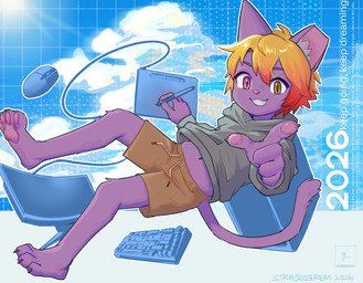 5_fingers anthro bottomwear clothed clothing cloud computer computer_keyboard computer_mouse detailed_background drawing_tablet electronics fingers hair heterochromia hoodie male navel pawpads paws raised_clothing shorts smile solo stylus text topwear strayrozerem roze_(strayrozerem) domestic_cat felid feline felis mammal 2026