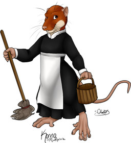 ambiguous_gender anthro brown_eyes bucket buckteeth cleaning_tool clothing container fur long_whiskers maid_uniform mop multicolored_body multicolored_fur simple_background smile solo standing teeth two_tone_body two_tone_fur uniform whiskers white_background conditional_dnp oli_snowpaw konno_(miwauturu) mammal mouse murid murine rodent 2015 digital_media_(artwork)