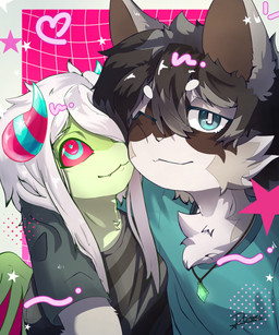 anthro detailed_background duo female fur geometric_background gradient_background grid_background heart_symbol highlights_(coloring) hug jewelry male male/female multicolored_eyes pattern_background simple_background star d_owren lizard mammal procyonid raccoon reptile scalie 5:6 absurd_res detailed digital_media_(artwork) halftone hi_res huge_filesize superabsurd_res