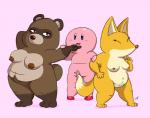 anthro blue_eyes blush breasts brown_nipples female genitals group inverted_nipples male nipples obese overweight penis pussy red_eyes short_stack timoteihiv kirby_(series) nintendo con_(kirby) kirby pon_(kirby) alien canid canine fox mammal raccoon_dog tanuki