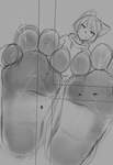 4_toes anthro dirty dirty_feet feet foot_fetish foot_focus foot_play looking_at_viewer low-angle_view male pawpads paws soles solo text toes underfoot itameowmeow felid feline mammal absurd_res english_text greyscale hi_res monochrome sketch