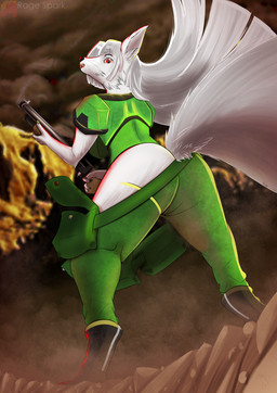 anthro butt female fluffy fur gun mountain_background ranged_weapon rear_view red_eyes sharp_teeth shotgun solo surprised teeth weapon white_body white_fur rage_spark doom_(series) id_software microsoft canid canine fox mammal absurd_res hi_res shaded
