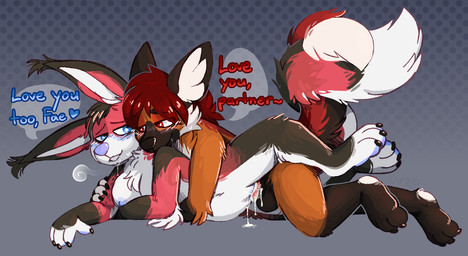 after_sex aftercare animal_genitalia animal_penis anthro anthro_on_anthro anthro_penetrated anthro_penetrating anthro_penetrating_anthro balls blue_eyes blue_nipples blue_nose blush bodily_fluids breasts canine_genitalia canine_penis claws cum cum_in_vagina cum_inside dialogue dotted_background duo female female_penetrated genital_fluids genitals hair halftone_background knotting long_ears male male/female male_penetrating male_penetrating_female nipples pattern_background penetration penis red_eyes red_hair romantic romantic_couple saliva saliva_string sex simple_background smile stippling sweat tail text crownedvictory felix_(darkslayer666) helena_(zotz) canid canine mammal maned_wolf 2020 english_text halftone hi_res