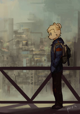 anthro backpack city cityscape clothed clothing detailed_background hand_in_pocket hoodie male outside pockets side_view solo standing topwear panzery25 pines_(panzery25) bear mammal 2017 hi_res signature