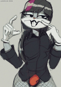 alternative_fashion anthro black_clothing black_hair black_shirt black_topwear clothing crossgender female fishnet_clothing fishnet_legwear fur gloves goth grey_background grey_body grey_fur hair handwear legwear looking_at_another makeup panties red_clothing red_panties red_underwear shirt simple_background solo topwear underwear looney_tunes warner_brothers bugs_bunny lagomorph leporid mammal rabbit 2026 hi_res sketch