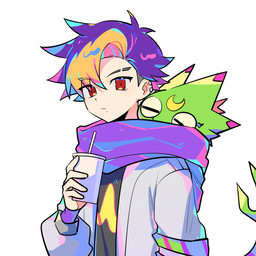anthro beverage container cup duo green_body hair looking_at_viewer male multicolored_hair red_eyes scarf sleeping soda mar22826683 bandai_namco digimon tomoro_tenma digimon_(species) gekkomon human mammal scalie 1:1 hi_res