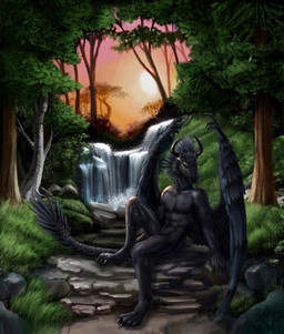 3_toes 4_arms 4_fingers abs amazing_background anthro black_body black_claws black_scales claws detailed_background feet fingers forest hill horn male multi_arm multi_limb nude outside pecs plant scales solo sunset tail toe_claws toes tree water waterfall winged_arms wings bjpentecost mythology dracos_blackwing dragon mythological_creature mythological_scalie scalie 2007 2010 detailed hi_res watermark