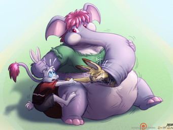 anthro belly big_belly blue_eyes breasts clothing female female_pred green_clothing green_shirt green_topwear group male overweight red_clothing red_eyes red_shirt red_topwear shirt sitting topwear trio vore scott_calico pat_(scott_calico) elephant elephantid lagomorph leporid mammal proboscidean rabbit 2020 4:3