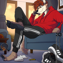 5_toes anthro barefoot claws dirty dirty_feet duo extreme_size_difference feet foot_fetish foot_focus foot_lick foot_play licking male male/male micro pawpads paws size_difference soles toe_claws toes tongue doggydog adidas canid canine deer mammal absurd_res hi_res