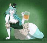 alcohol anthro beverage blue_body blue_eyes blue_fur blue_hair bottomwear breasts clothed clothing corset female fur hair hat headgear headwear leg_markings lingerie markings miniskirt skirt socks_(marking) solo topwear white_body white_fur celestbrook celestbrookarts baby_the_bunny lagomorph leporid mammal rabbit absurd_res hi_res