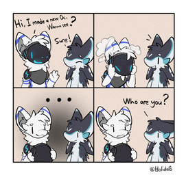 4_panel_comic anthro chibi dialogue duo ellipsis frown fur humor machine neck_tuft open_mouth open_smile smile text tuft visor holidalo mythology holifruit_(holidalo) avali dragon furred_dragon furred_scalie mythological_creature mythological_scalie protogen scalie absurd_res comic english_text hi_res