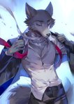 anthro bottomwear clothed clothing gradient_background looking_down male necktie open_clothing open_topwear pants shadow simple_background solo suit topwear wind popodunk beastars legoshi_(beastars) canid canine canis mammal wolf