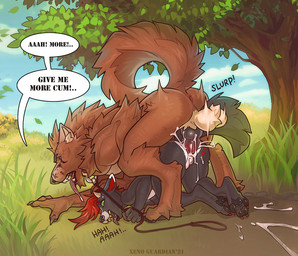 anal anal_penetration animal_genitalia animal_penis anthro anthro_on_anthro anthro_penetrated anthro_penetrating anthro_penetrating_anthro anus asking asking_another ball balls black_nose bodily_fluids breasts brown_body brown_fur butt canine_genitalia canine_penis collar command cum cum_in_ass cum_in_vagina cum_inside cum_on_ground cum_request day detailed_background dialogue doggystyle dominant dominant_anthro dominant_female drooling duo feet female female_anthro female_dominating_male female_penetrated fingers from_behind_position fur genital_fluids genitals grass green_eyes hand_on_head heart_(marking) horn insemination_request knot larger_anthro larger_male leash leashed_collar linked_speech_bubble looking_pleasured male male/female male_anthro male_penetrating male_penetrating_female markings moan mounting nature onomatopoeia open_mouth outside pawpads penetration penile penile_penetration penis penis_in_ass plant power_bottom requesting saliva sex size_difference sky slurping smaller_anthro smaller_female sound_effects speech_bubble submissive submissive_anthro submissive_male talking_to_another talking_to_partner teeth text toes tongue tongue_out tree vulva xenoguardian canid canine canis hybrid mammal wolf 2021 digital_media_(artwork) english_text
