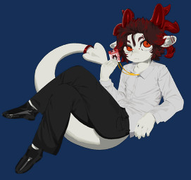 accessory anthro clothing collared_shirt dress_pants dress_shirt dress_shoes ear_piercing eyebrow_piercing eyebrows facial_piercing fur furgonomics hair horn id_card inner_ear_fluff male multi_horn piercing red_eyes red_hair shirt solo spade_tail tail tail_accessory tailband topwear tuft white_body white_fur imjustpage dreddy_(dreddyhypno) bovid caprine goat imp mammal alpha_channel hi_res