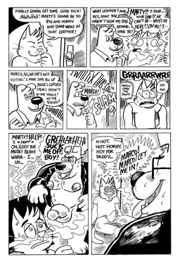 anthro anthro_on_anthro balls banana bodily_fluids bottomless clothed clothing collared_shirt daddy_kink dialogue drooling fly_open food fruit genitals group humanoid_genitalia humanoid_penis hypnosis jacket leather leather_clothing leather_jacket leather_topwear male male/male mind_control muscular muscular_male musk nipples open_mouth open_smile overweight overweight_male pecs penis plant saliva shirt sitting smile sparkles speech_bubble spiral spiral_eyes tenting text tongue tongue_out topwear underwear billy_fore marco_marcowitz marty_martin marty_martin's_dad canid canine canis domestic_cat domestic_dog felid feline felis mammal comic english_text hi_res father_(lore) father_and_child_(lore) father_and_son_(lore) parent_(lore) parent_and_child_(lore) parent_and_son_(lore) son_(lore)