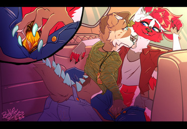 anthro black_bars bottomwear bottomwear_down car car_interior claws clitoral_hood clitoris clothed clothing denim denim_bottomwear denim_clothing female fingering floppy_ears freckles fur genitals green_claws green_eyes hair jacket jeans pants pants_down partially_clothed pawpads red_body red_fur scales sweater tail teeth teeth_showing topwear vehicle vulva yellow_body yellow_skin bagelbytes pepper_(bagelbytes) amphibian canid canine gatordog kangaroo macropod mammal marsupial newt salamander hi_res letterbox