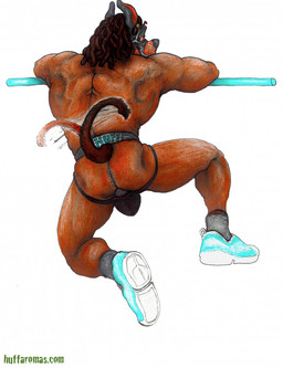 animal_mask anthro clothing dreadlocks footwear jockstrap male mask muscular musk pup_mask shoes solo tail tail_motion tailwag text underwear yagi_b._(artist) huffaromas canid canine mammal hi_res url