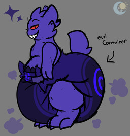 3_toes ambiguous_gender anthro big_diaper claws clean_diaper clothed clothing cloud_emanata diaper diaper_only diaper_puff directional_arrow emanata feet fur grey_background huge_diaper logo looking_back purple_body purple_fur purple_tail red_sclera side_view simple_background smile solo sparkles standing tail teeth text toe_claws toes topless wearing_diaper moon_is_baby evil_container nintendo pokemon generation_1_pokemon gengar pokemon_(species) 2025 artist_logo english_text full-length_portrait hi_res meme portrait