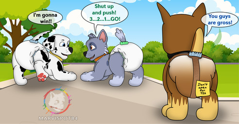 blue_eyes bodily_fluids brown_body brown_fur clean_diaper competition diaper feces feral full_diaper fur genital_fluids grey_body grey_fur group male male/male markings note orange_eyes park paws raised_leg raised_tail soiled_diaper speech_bubble spots spotted_body spotted_fur tail text toony trio unclean_diaper urine used_diaper using_diaper wet_diaper wetting wetting_diaper white_body white_fur marvispot84 nickelodeon paw_patrol chase_(paw_patrol) marshall_(paw_patrol) rocky_(paw_patrol) canid canine canis dalmatian domestic_dog german_shepherd herding_dog mammal mixed_breed pastoral_dog absurd_res english_text hi_res