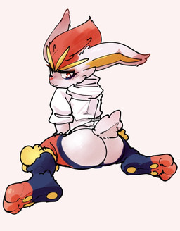 ambiguous_gender anthro blush butt butt_focus presenting presenting_hindquarters red_eyes scut_tail short_tail simple_background solo tail white_background netchy_boo nintendo pokemon fan_character cinderace generation_8_pokemon pokemon_(species) hi_res