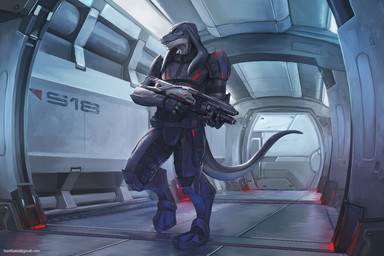 anthro clothed clothing detailed_background digitigrade gun holding_gun holding_object holding_ranged_weapon holding_weapon male ranged_weapon rifle smile solo technology teeth text walking weapon bonifasko bioware electronic_arts final_fantasy mass_effect n7 square_enix alien bangaa scalie