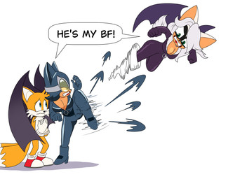 age_difference angry anthro breasts cleavage clenched_teeth clothed clothing cosplay crossover_cosplay fangs female fight group kick male membrane_(anatomy) membranous_wings motion_blur motion_lines older_female shared_speech_bubble speech_bubble teeth trio wings younger_male anonymous_artist batman_(series) dc_comics marvel sega sonic_the_hedgehog_(series) black_cat_(marvel) catwoman miles_prower rouge_the_bat bat canid canine fox mammal red_fox true_fox crossover hi_res