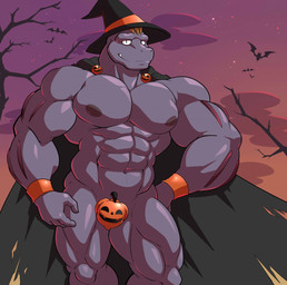 abs biceps bulge cape cape_only casual_exposure cloak clothing convenient_censorship eyebrows food fruit group hat headgear headwear holidays ineffective_clothing jack-o'-lantern looking_at_viewer male mostly_nude muscular muscular_male navel night nipples outside pecs plant pumpkin sky smile solo_focus star starry_sky sunset tree underwear witch_hat wristband maldu halloween nintendo pokemon generation_1_pokemon machoke pokemon_(species) hi_res
