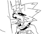 anthro black_sclera blush choker duo erection fellatio genitals horn jewelry male male/male necklace oral penile penis penis_in_mouth sex b00b00keys bandai_namco digimon digimon_(species) gulusgammamon scalie black_and_white monochrome