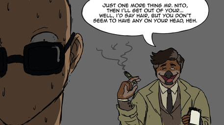 5_fingers alternate_species anthro bald bodily_fluids brown_body brown_hair brown_scales business_suit cigar clothing coat cosplay crossover_cosplay dialogue duo eyewear fingers front_view furrification grey_background hair holding_cigar holding_object light-skinned_male light_body light_skin male multicolored_body multicolored_scales notebook one_eye_closed open_mouth open_smile scales short_hair simple_background smile suit sunglasses sweat sweatdrop text topwear trenchcoat two_tone_body two_tone_scales jauntyweb cavemanon_studios columbo_(series) i_wani_hug_that_gator columbo inco_(iwhtg) dinosaur human mammal prehistoric_species reptile scalie 2024 crossover digital_drawing_(artwork) digital_media_(artwork) english_text hi_res