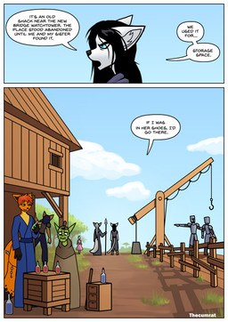 anthro armor black_hair blue_clothing blue_eyes border brown_clothing building clothed clothed_anthro clothed_female clothing crane_(machine) dark_clothing detailed_background dialogue fantasy female fur green_body green_skin grey_body grey_fur guard hair long_hair looking_at_another melee_weapon orange_body orange_fur outside pink_clothing plant polearm potion potion_bottle red_hair robe smile spear speech_bubble text tree weapon white_body white_border white_fur white_hair thecumrat sylvia_(thecumrat) tasmin canid canine felid feline fox goblin mammal absurd_res comic english_text hi_res story