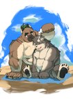 anthro beach belly bottomwear brown_body brown_fur clothing duo facial_scar fur grey_body grey_fur male male/male musclegut muscular nipples pawpads pecs scar shorts sicily440 lifewonders tokyo_afterschool_summoners moritaka_(tas) yasuyori_(tas) canid canine canis domestic_dog mammal absurd_res hi_res