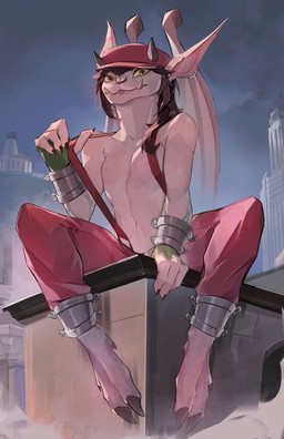 4_fingers 4_toes :3 anthro armband athletic athletic_anthro athletic_female bangs big_ears black_hair blep bottomwear breasts city claws clipped_ear clothing collarbone detailed_background facial_piercing fangs featureless_breasts feet female female_anthro fingers flat_chested hair hat headgear headwear legband membrane_(anatomy) membranous_wings moss navel newsboy_cap nose_piercing nose_ring piercing plant pulling_suspenders red_bottomwear red_clothing ring_piercing short_hair sitting solo suspenders teeth toes tongue tongue_out wings surge09 deadlock_(game) valve ivy_(deadlock) bat demon gargoyle hybrid mammal 2026 absurd_res colored detailed digital_drawing_(artwork) digital_media_(artwork) full-length_portrait hi_res portrait shaded