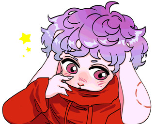 ambiguous_gender anthro big_eyes bite_mark blinking blush claws clothed clothing curly_hair eyebrows finger_claws fingers floppy_ears front_view hair high-angle_view hoodie lop_ears pink_eyes pupils purple_hair red_clothing red_hoodie red_topwear simple_background solo star_polygon topwear white_background white_body 4chan_anon lagomorph leporid mammal rabbit 2025 5:4 animated bust_portrait cel_shading digital_media_(artwork) hi_res loop portrait shaded