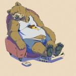 anthro belly brown_body brown_fur bulge clothed clothing eyes_closed eyewear food fur glasses male overweight overweight_anthro overweight_male pizza shirt sitting solo topwear underwear spazz_bear bear mammal 1:1 2018