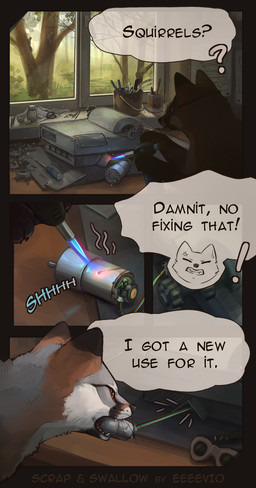 angry cross-popping_vein dialogue electronics eyewear eyewear_on_head feral feral_pred fur goggles goggles_on_head grey_body grey_fur imminent_object_vore imminent_oral_vore imminent_vore in_mouth male male_pred narration on_tongue open_mouth plant speech_bubble text tongue tree welding whisker_spots whiskers window wire eeeevio mjok canid canine fox grey_fox mammal rodent sciurid tree_squirrel urocyon comic digital_media_(artwork) digital_painting_(artwork) english_text hi_res painting_(artwork) shaded story