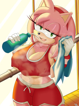5_fingers accessory alternate_breast_size alternate_costume anthro athletic athletic_female bedroom_eyes big_breasts black_nose bodily_fluids breasts clothed clothed_anthro clothed_female clothing collarbone countershade_torso countershading exercise eyelashes female female_anthro fingers fully_clothed fully_clothed_anthro fully_clothed_female gloves green_eyes hair_accessory hairband handwear huge_breasts iris looking_at_viewer narrowed_eyes navel open_mouth open_smile pink_body pink_quills pupils quill_hair red_hairband seductive small_nose smile solo sportswear sweat sweatdrop towel under_boob wearing_gloves white_clothing white_gloves white_handwear workout saeki_makai sega sonic_the_hedgehog_(series) amy_rose eulipotyphlan hedgehog mammal 2026 3:4 absurd_res digital_media_(artwork) hi_res signature