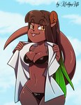 anthro bikini black_bikini black_clothing black_swimwear breasts brown_body brown_fur brown_hair button_nose clothed clothing ears_up eyebrows female fur green_hair hair hands_on_clothing long_hair navel raised_tail shirt sky_background solo swimwear tail tongue topwear two-piece_swimsuit white_bow white_clothing white_shirt white_topwear wide_hips yellow_eyes mellyarts osha_pawstar mammal mustelid otter hi_res