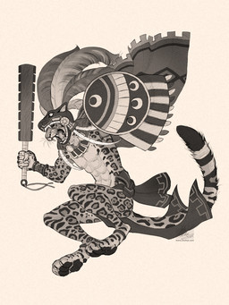anthro armor aztec biped bottomwear bracelet cape clothing fangs feathered_shield feathers jewelry jumping loincloth male open_mouth shield simple_background solo teeth weapon chutkat felid jaguar mammal pantherine 2014 3:4 monochrome