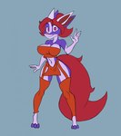 3_toes 4_ears anthro barefoot blue_body blue_fur bottomwear breasts cleavage clothed clothing digitigrade feet female fluffy fluffy_tail fur hair loincloth looking_at_viewer midriff multi_ear navel paws pink_nose purple_eyes red_hair red_tail simple_background smile solo tail toeless_(marking) toes topwear tube_top dvillai dreamkeepers indi_marrallang canid mammal hi_res