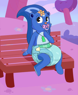 bench clean_diaper clothed clothing diaper diaper_fetish female flower jewelry necklace object_in_mouth on_bench outside pacifier pacifier_in_mouth park plant sitting smile solo wearing_diaper bunnykisses happy_tree_friends petunia_(htf) mammal mephitid skunk hi_res