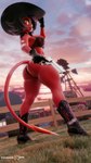 big_butt biped bra breasts butt clothed clothing detailed_background dutch_angle eyelashes female footwear gun hair headgear headwear holding_gun holding_object holding_ranged_weapon holding_weapon looking_at_viewer looking_back not_furry outside panties pupils ranged_weapon rear_view red_body red_hair shoes solo spade_tail standing tail thick_thighs three-quarter_view underwear weapon foxventus helluva_boss millie_(helluva_boss) demon demon_humanoid humanoid 3d_(artwork) 9:16 digital_media_(artwork) full-length_portrait hi_res portrait