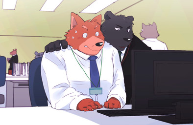 accessory anthro black_body black_fur bodily_fluids brown_body brown_fur clothing computer electronics fur group humanoid_hands kemono male male/male necktie shirt sitting sweat topwear arufina_w canid canine felid feline mammal 2021