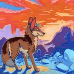 ambiguous_gender brown_body brown_fur cactus cloud desert ears_up feral fur horizon landscape looking_forward mountain plant rear_view smile solo standing sunset cadmiumtea canid canine canis coyote mammal hi_res traditional_media_(artwork)