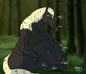 ambiguous_gender belly big_belly black_body black_legs dialogue feral hair rumbling_stomach solo tail talking_feral talking_to_viewer text white_hair white_tail yauhasart equid equine horse mammal 2024 english_text hi_res watermark