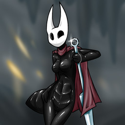 anthro black_eyes breasts cloak cloak_only clothing featureless_breasts female genitals holding_melee_weapon holding_object holding_weapon horn looking_at_viewer melee_weapon red_clothing simple_background solo standing tail vulva weapon ryofox630 hollow_knight_(franchise) team_cherry hornet_(hollow_knight) arthropod insect 1:1 digital_media_(artwork) hi_res