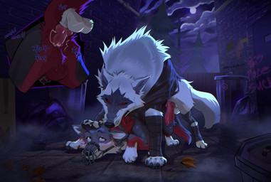 all_fours alley alley_sex anal anal_penetration animal_genitalia animal_penis arm_wrapping arm_wraps bag balls bite blush bodily_fluids brick_wall butt canine_genitalia canine_penis chastity_cage chastity_cage_only chastity_device chastity_device_only cheek_tuft claws cloak clothed clothed/nude clothing cloud doggystyle dripping duo ears_down erection eyebrows facial_markings facial_tuft feet fence feral feral_on_feral feral_penetrated feral_penetrating feral_penetrating_feral feralized fluffy fluffy_tail foot_on_head from_behind_position full_moon fur fuzzy genital_fluids genitals graffiti head_markings head_tuft intraspecies knot leaf leg_tuft leg_wraps looking_down looking_up lying male male/male male_feral male_penetrated male_penetrating male_penetrating_male markings mask_(marking) moon multicolored_body multicolored_fur muzzle_(object) muzzled narrowed_eyes neck_tuft night nude on_bottom on_front on_ground on_top outside partially_clothed penetration penis pinned pinned_to_ground pivoted_ears plant plap power_lines precum precum_drip rear_view red_eyes scruff_bite serious sex sky tail text trash_bag trash_can tree tuft wall_(structure) wearing_chastity_cage wearing_chastity_device whisker_spots white_body white_fur wire_basket_muzzle wrapped_arms wrapped_legs wraps dieandyrhyss dreamworks puss_in_boots_(franchise) death_(puss_in_boots) canid canine canis mammal wolf hi_res signature