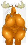 anthro antlers big_breasts black_eyes breasts brown_body brown_fur eyelashes featureless_crotch female fur grey_background hand_on_chest horn huge_breasts navel nipple_outline nipples simple_background slightly_chubby solo thick_thighs white_background wide_hips trifuson johnny_bravo_(series) becky_(johnny_bravo) deer mammal moose new_world_deer absurd_res hi_res