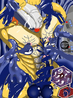 anthro balls bdsm body_modification bondage bound bulge cock_and_ball_torture collision corruption emasculation erect_nipples genital_torture genitals helpless humanoid_genitalia humanoid_penis humiliation latex male masculine modification muscular nipple_fetish nipple_play nipple_suck nipples penetration penis reprogramming slime solo spermatic_cords struggling sucking tentacles urethral urethral_penetration virus dcatkuro bandai_namco digimon digimon_(species) wargreymon 3:4 story story_in_description
