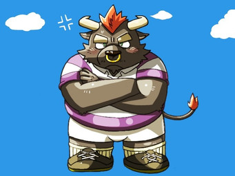 anthro black_body black_fur black_nose blush bottomwear bulge chibi clothing facial_piercing fur horn kemono male nose_piercing nose_ring piercing ring_piercing shirt shorts slightly_chubby solo topwear hachisan5656 bovid bovine cattle mammal 2014 4:3